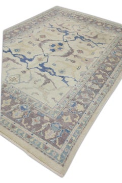 Mauve and Blue Floral Handwoven Wool Turkish Oushak Rug 6'11" x 10'