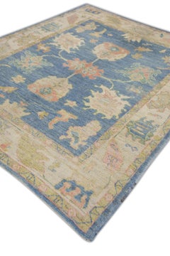 Blue Floral Handwoven Wool Turkish Oushak Rug 7' x 8'7"