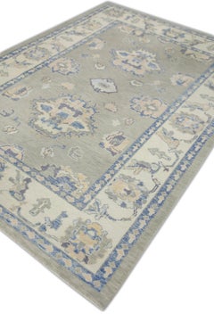 Green and Blue Floral Handwoven Wool Turkish Oushak Rug 6' x 8'4"