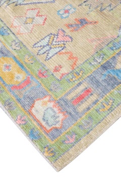 Pale Yellow Handwoven Wool Turkish Oushak Rug w/ Colorful Floral Pattern 5'7x 7'