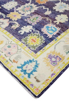 Handwoven Wool Turkish Oushak Rug in Purple & Yellow Floral Pattern 8'3" x 10'