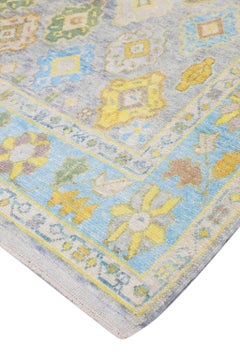 Handwoven Wool Floral Turkish Oushak Rug in Blue, Green, and Yellow 8'1" x 9'10"