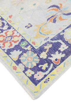 Tappeto Oushak turco in lana intrecciata a mano colorata e floreale viola 8'5" x 9'10"