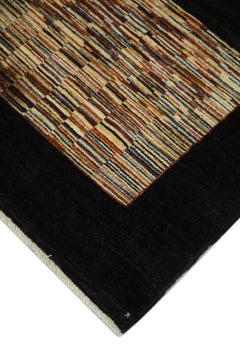 Dark Brown Handwoven Wool Turkish Oushak Rug w/ Colorful Stripe Design 3'3 x 4'9
