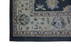 Alfombra Turca Oushak Floral de Lana Tejida a Mano en Azul Oscuro 8'4" x 10'7