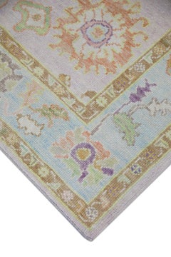 Handwoven Wool Turkish Oushak Rug Lilac Field Multicolor Floral Design 4'2 x 5'7