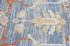 Blue Handwoven Wool Turkish Oushak Rug with Red Floral Design 8' x 6'7"