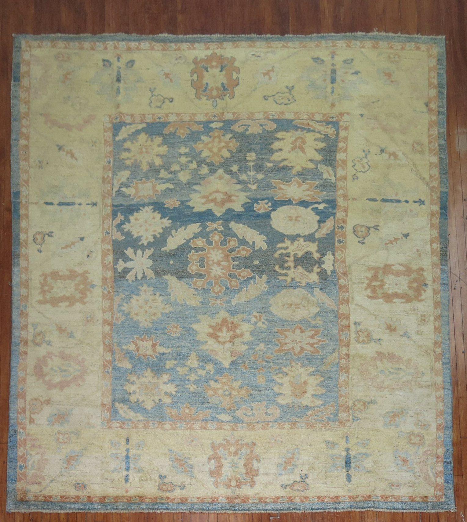 Room size Turkish oushak rug from the 3rd quarter of the 20th century.

Measures: 9'10' x 11'10''.