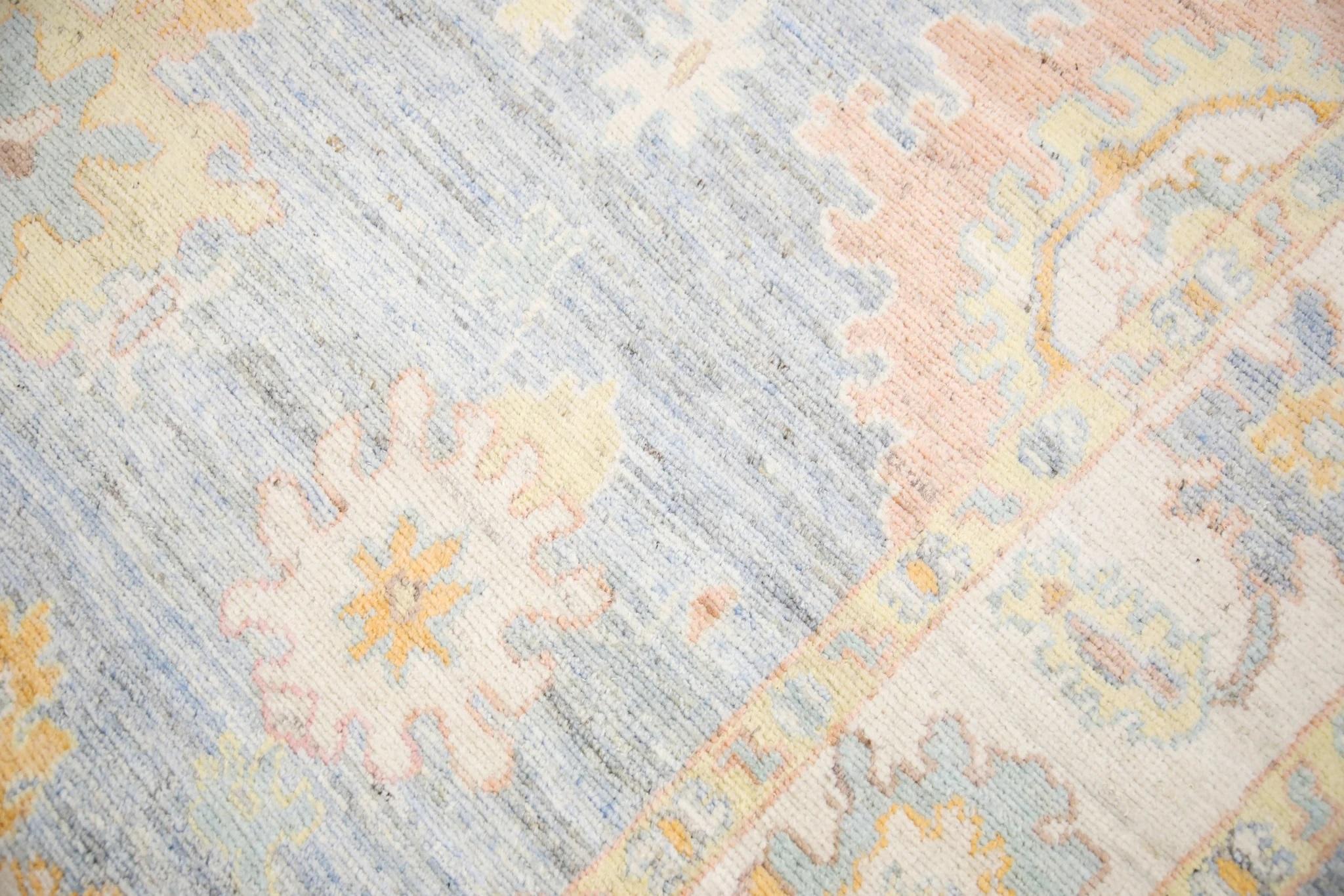 Modern Blue Colorful Floral Handwoven Wool Turkish Oushak Rug 7'5