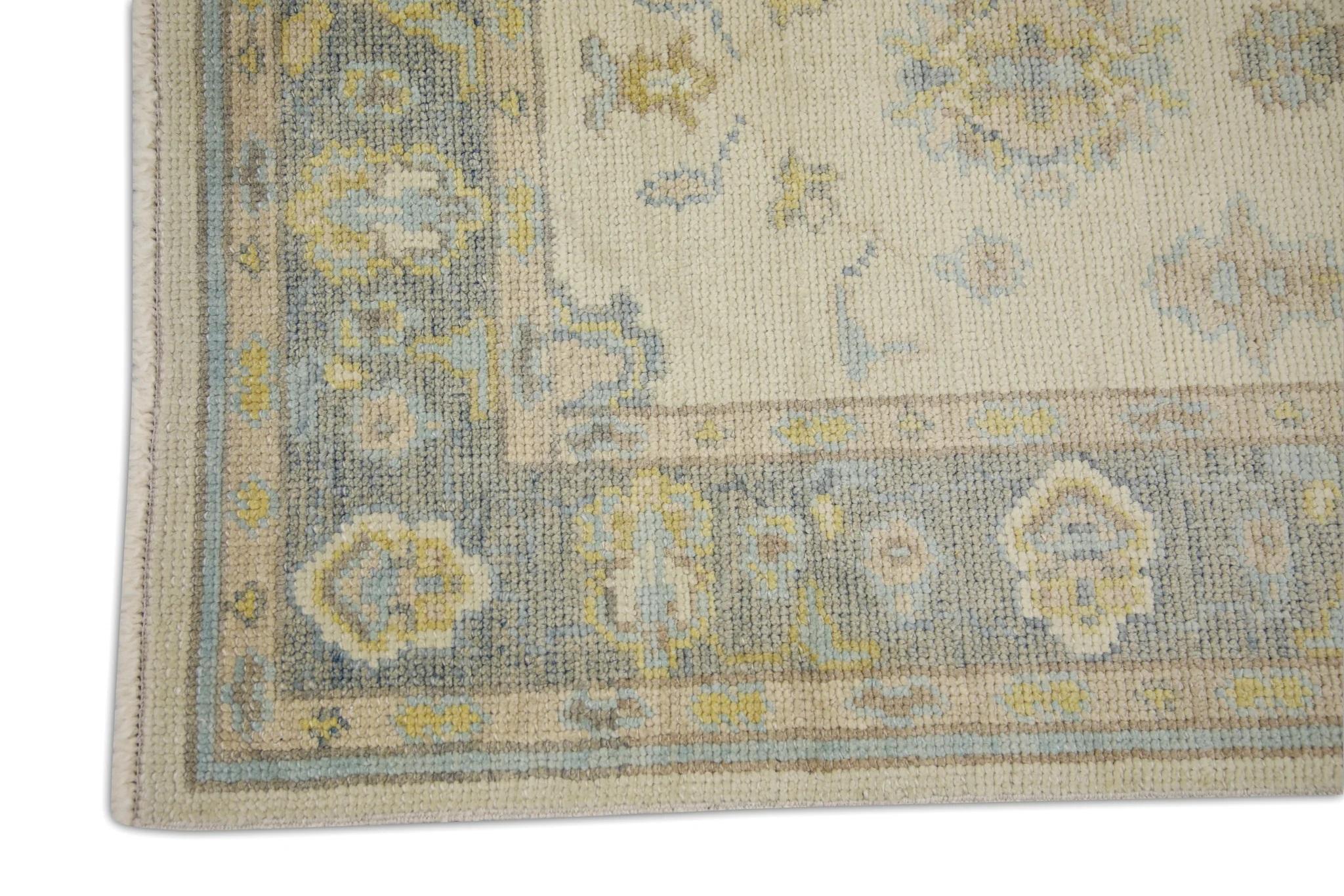 Modern Blue and Yellow Handwoven Wool Floral Design Turkish Oushak Rug 3' x 7'10