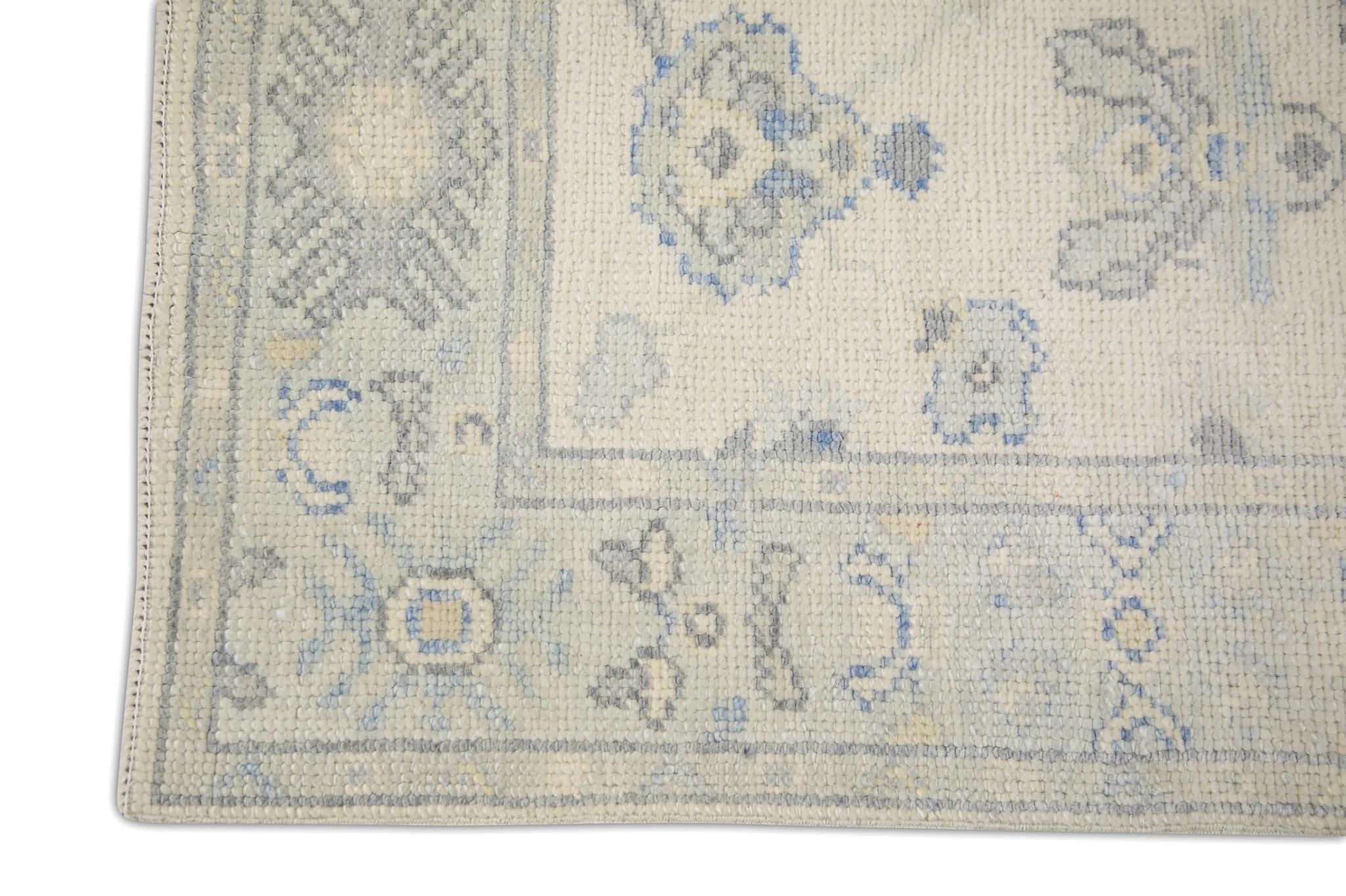 Modern Cream Handwoven Wool Turkish Oushak Rug in Green & Blue Floral Design 2'5