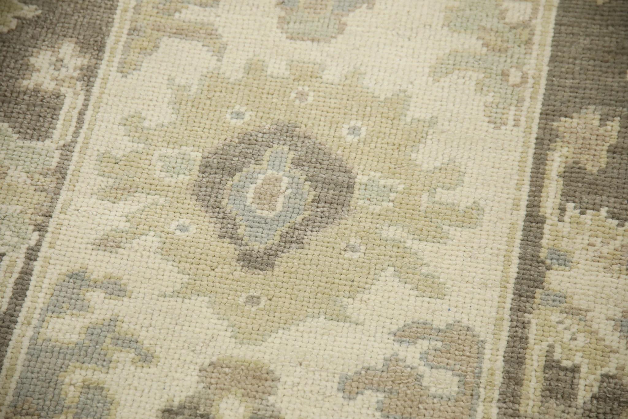 Modern Floral Design Handwoven Wool Turkish Oushak Rug in Brown and Green 2'10