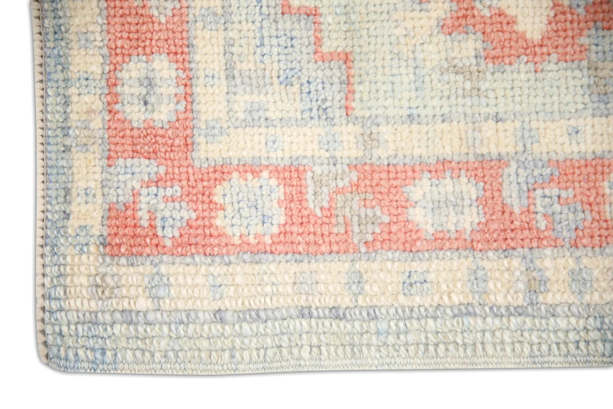 Modern Geometric Design Handwoven Wool Turkish Oushak Rug in Blue and Pink 2'4
