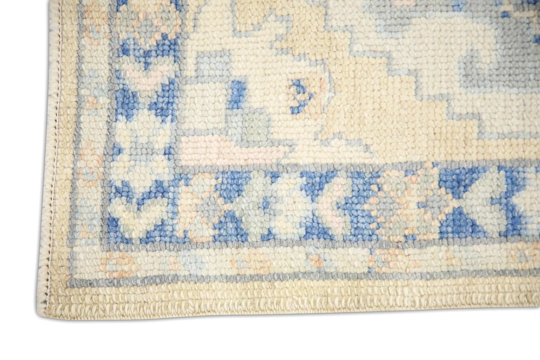 Modern Blue and Yellow Geometric Design Handwoven Wool Turkish Oushak Rug 2'3