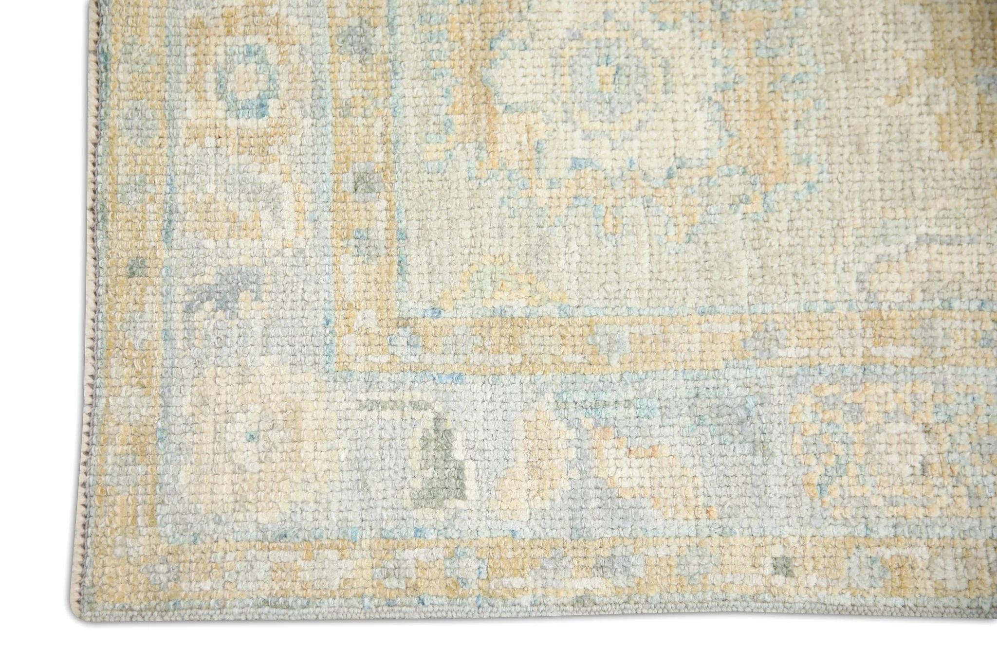 Modern Green and Blue Floral Design Handwoven Wool Turkish Oushak Rug 1'11