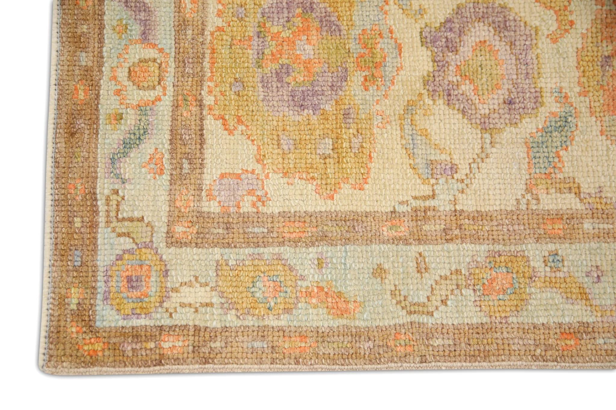 Modern Orange Multicolor Floral Design Handwoven Wool Turkish Oushak Rug 2' x 2'9