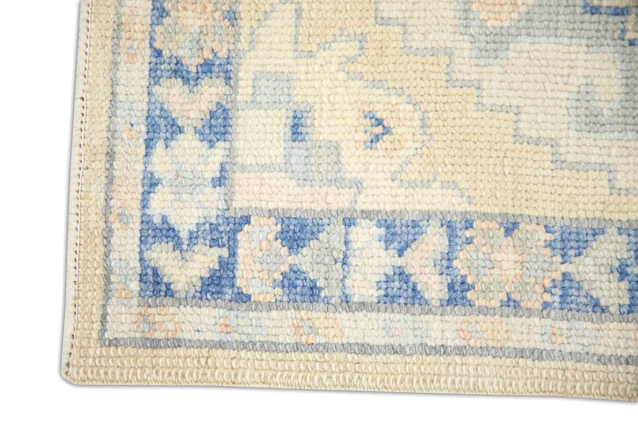 Modern Blue and Yellow Geometric Handwoven Wool Turkish Oushak Rug 2'4