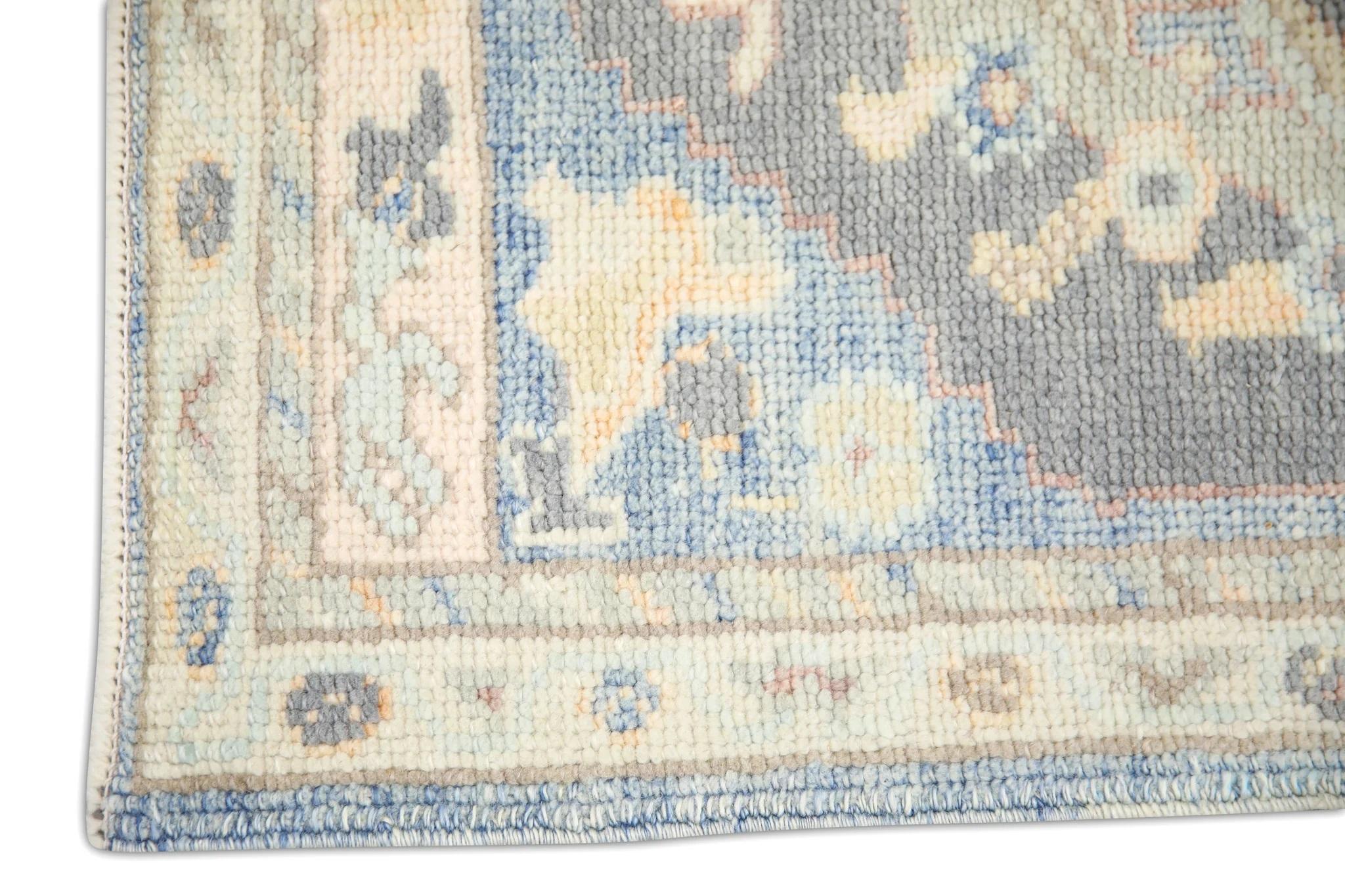 Modern Blue Multicolor Floral Handwoven Wool Turkish Oushak Rug 2'4