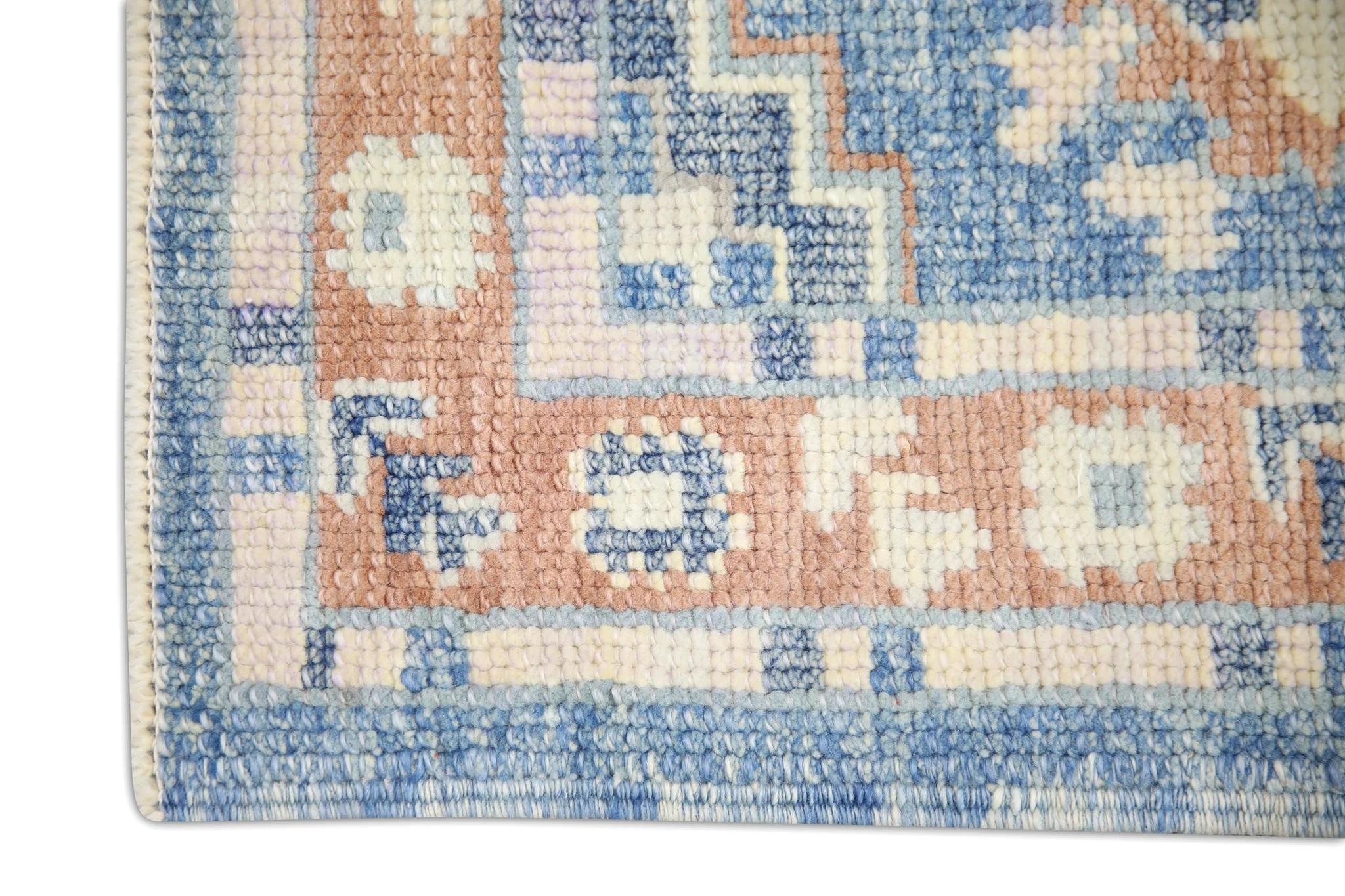 Modern Blue and Salmon Floral Design Handwoven Wool Turkish Oushak Rug 2'4