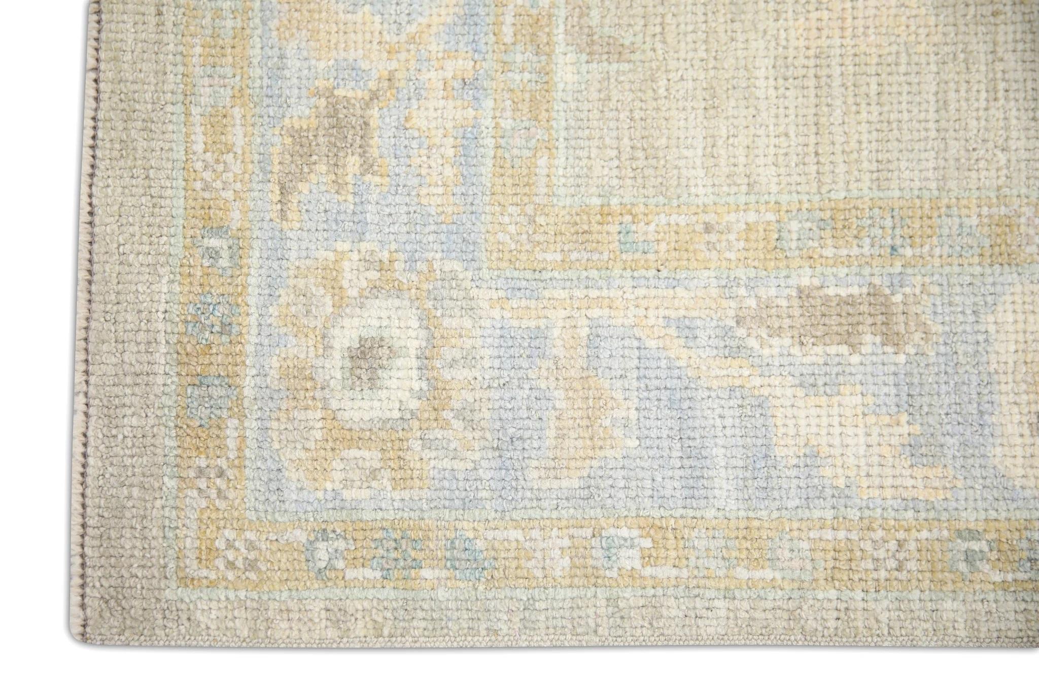 Modern Blue and Taupe Floral Design Handwoven Wool Turkish Oushak Rug 3'1