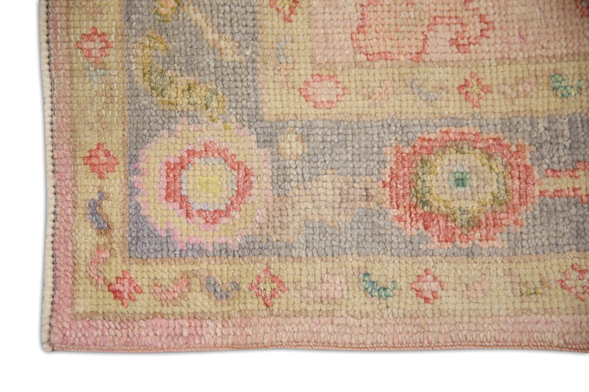 Modern Pink and Purple Floral Handwoven Wool Turkish Oushak Rug 3'1