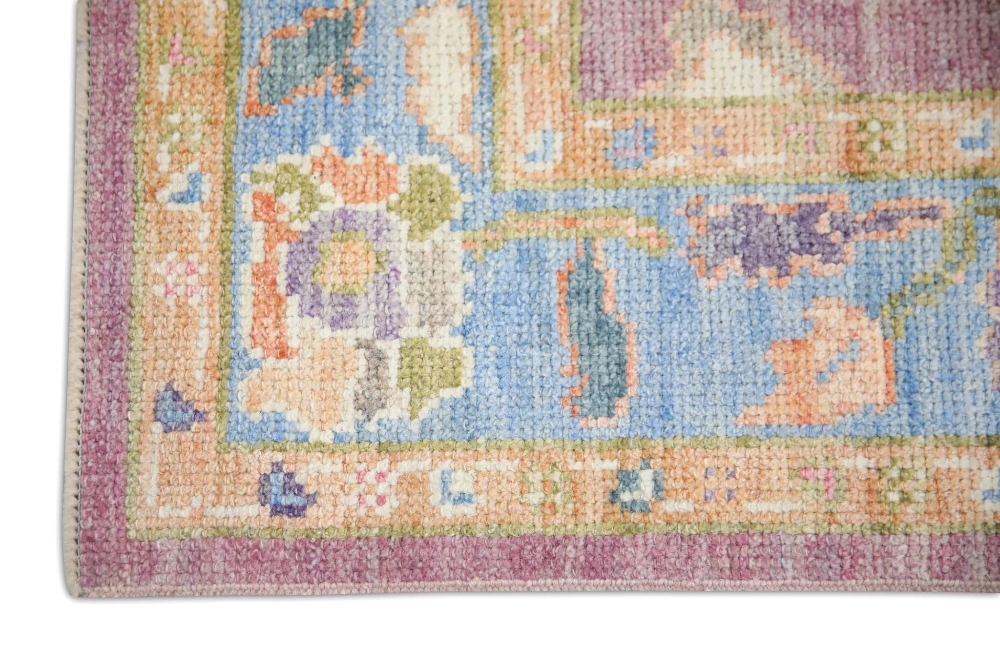 Modern Colorful Purple Handwoven Wool Turkish Oushak Rug in Floral Design 3' x 5' For Sale