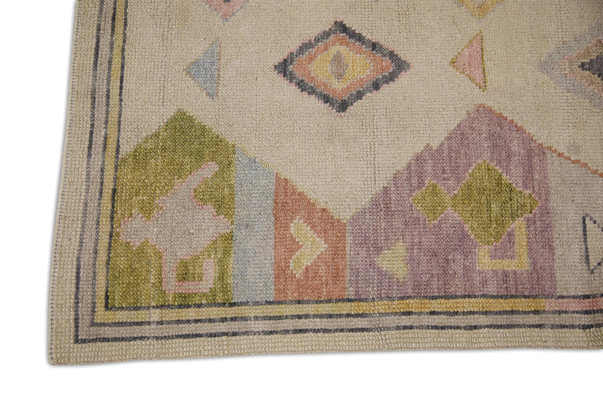 Modern Multicolor Geometric Handwoven Wool Turkish Oushak Rug 4' x 5'7