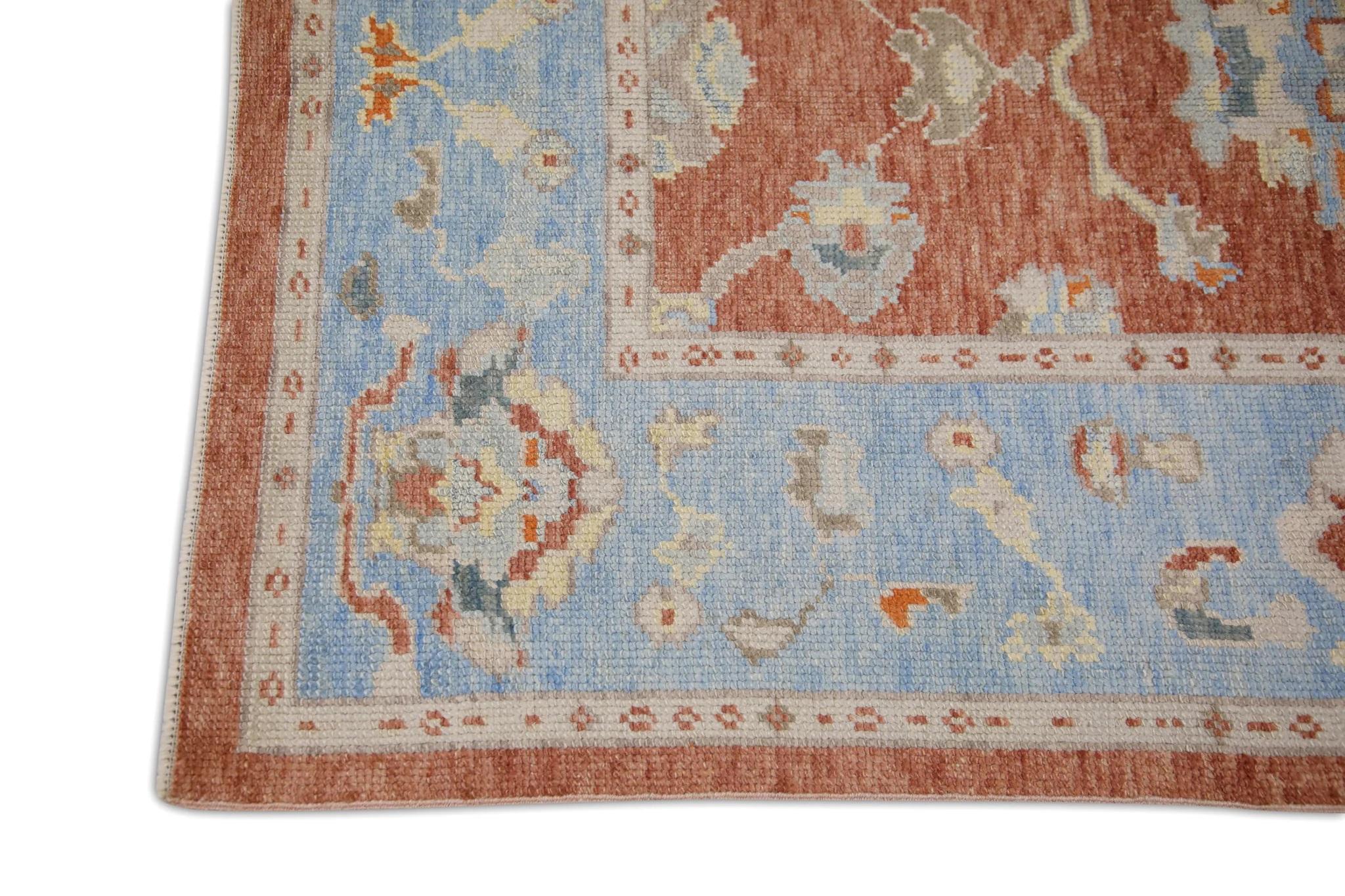 Modern Red and Baby Blue Floral Handwoven Wool Turkish Oushak Rug 4' x 6'2