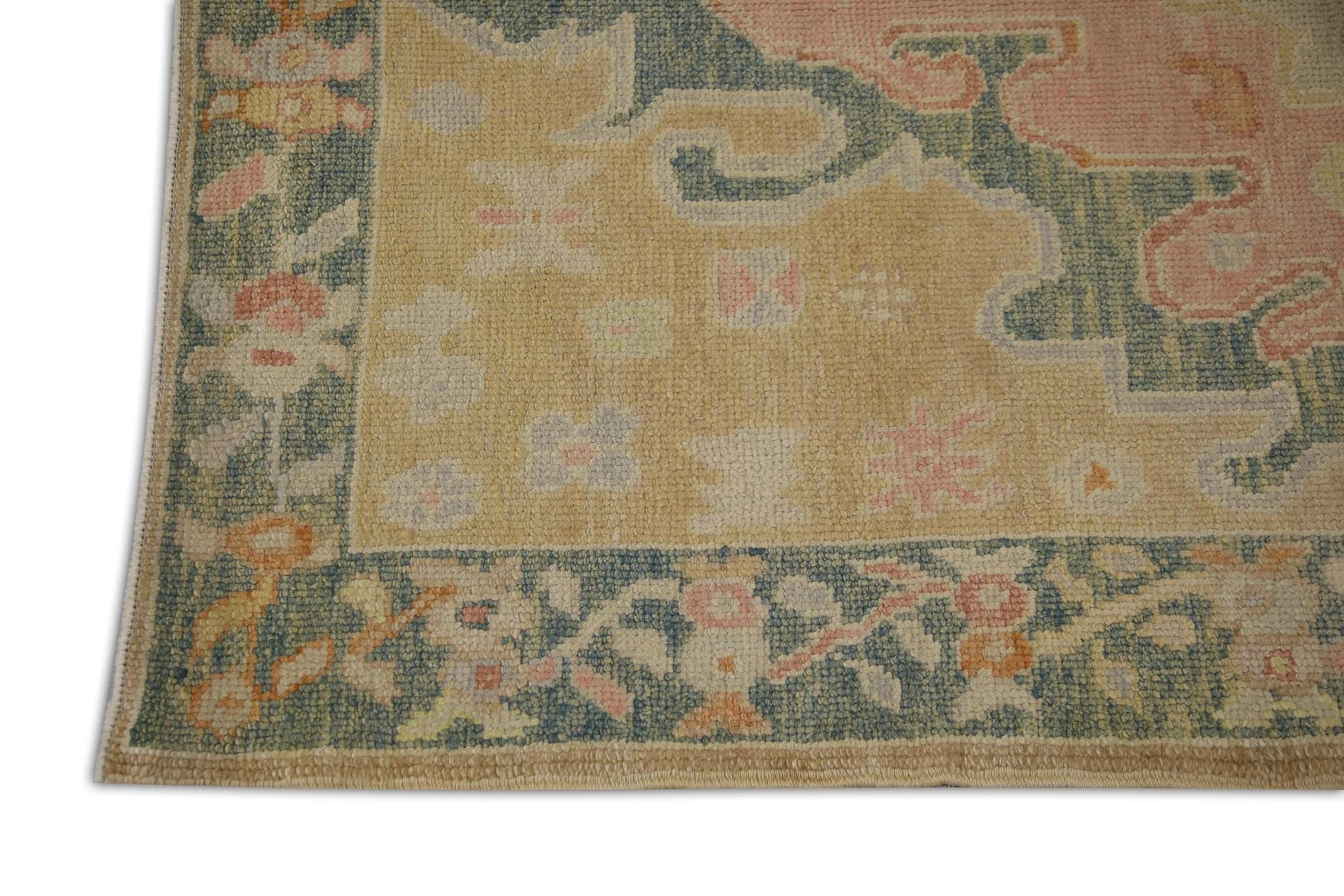 Modern Green and Pink Floral Handwoven Wool Turkish Oushak Rug 4'1