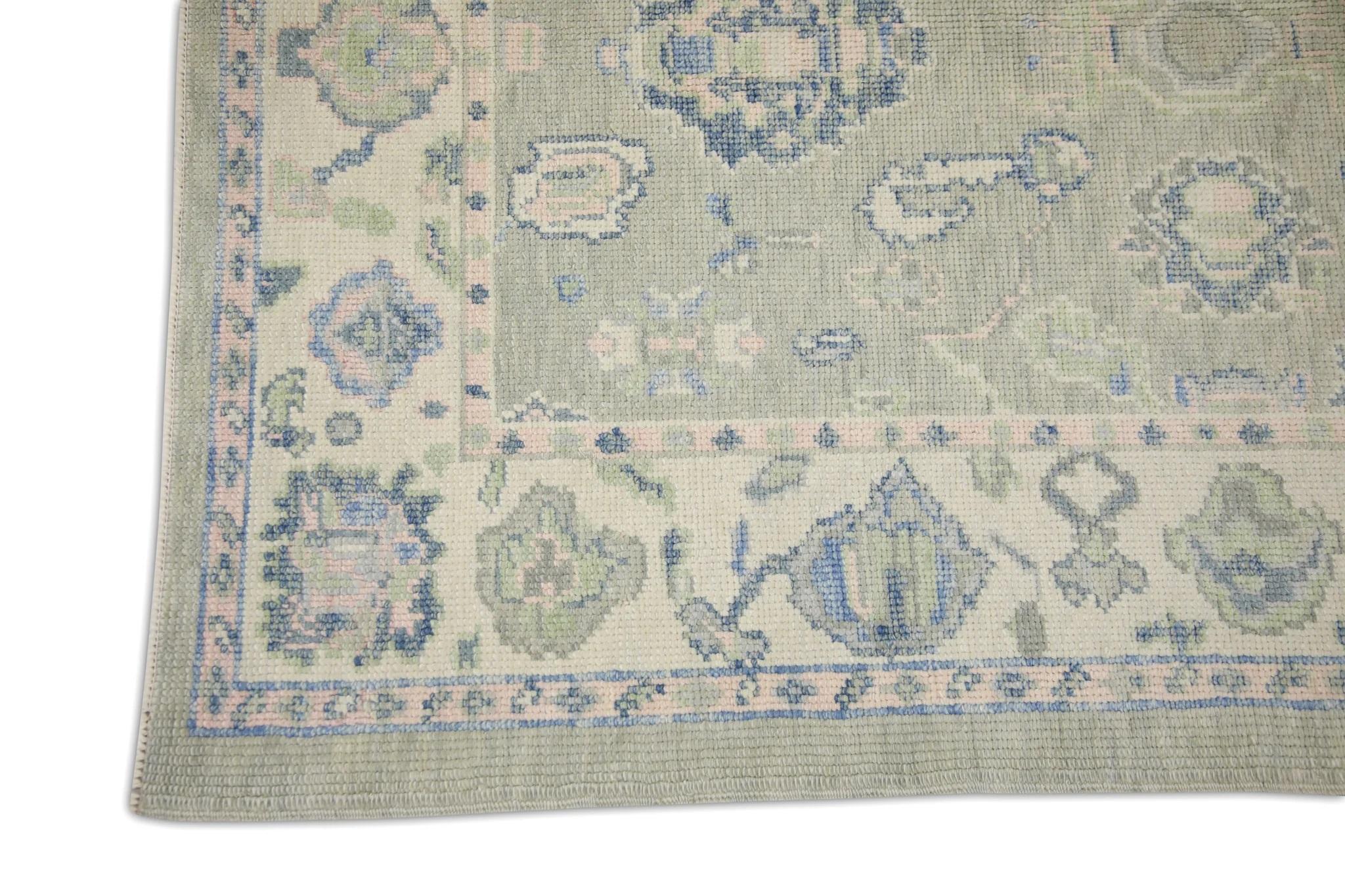 Modern Green and Blue Handwoven Wool Turkish Oushak Rug in Floral Pattern 4' x 5'5