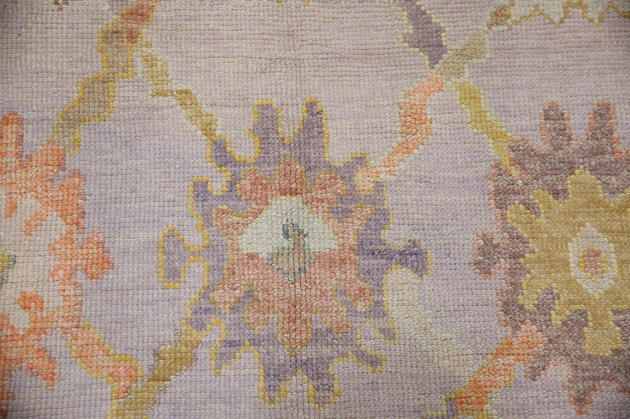 Modern Purple Colorful Floral Handwoven Wool Turkish Oushak Rug 4'10