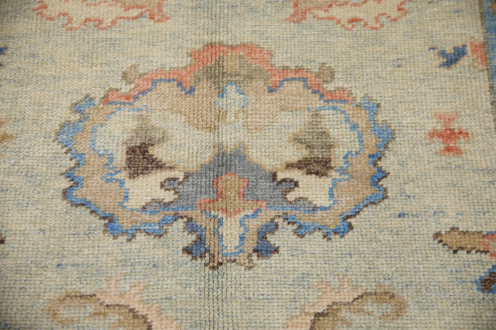 Vegetable Dyed Red and Blue Floral Handwoven Wool Turkish Oushak Rug 5'3