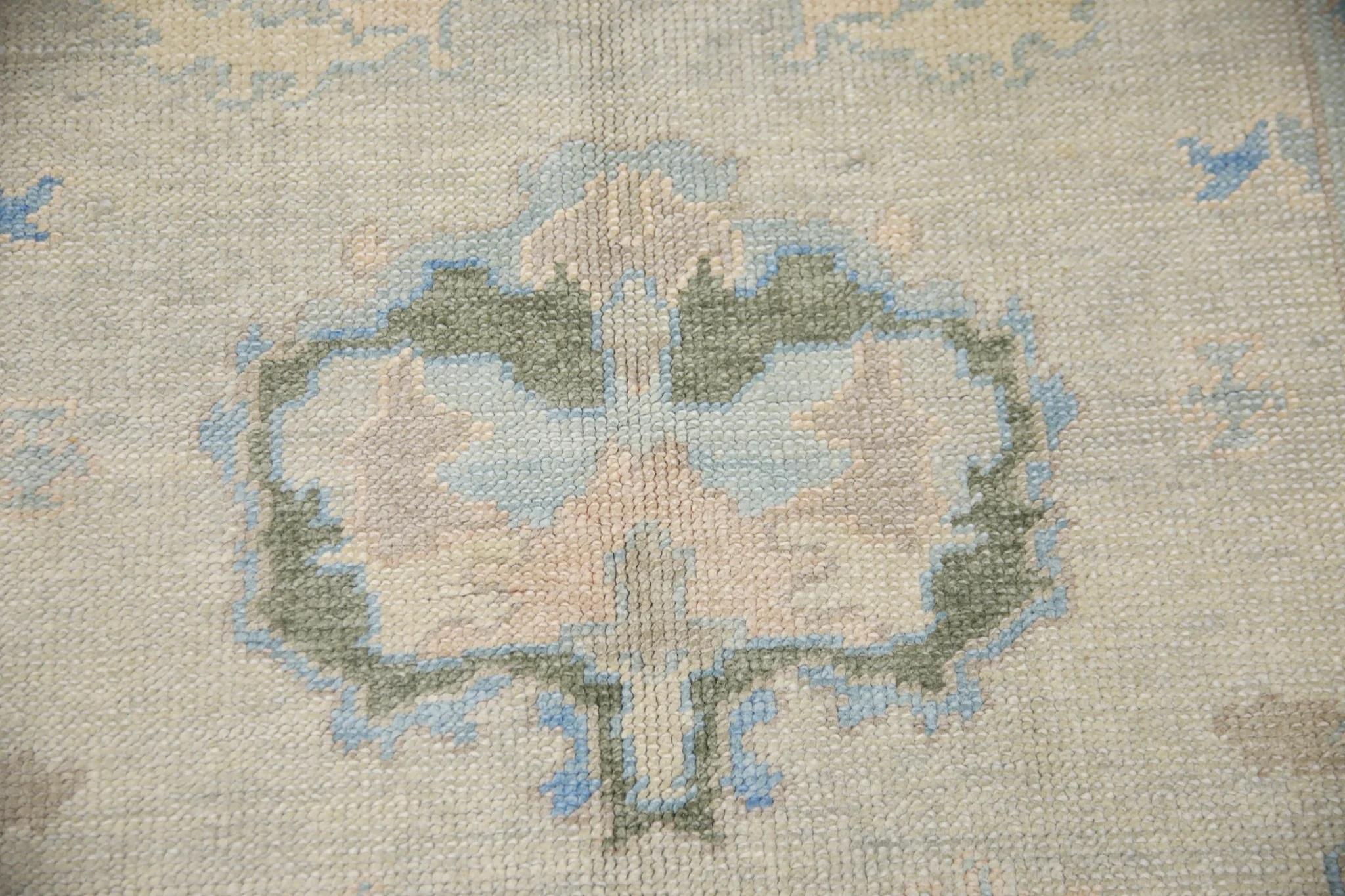 Vegetable Dyed Blue and Pink Floral Handwoven Wool Turkish Oushak Rug 5'1