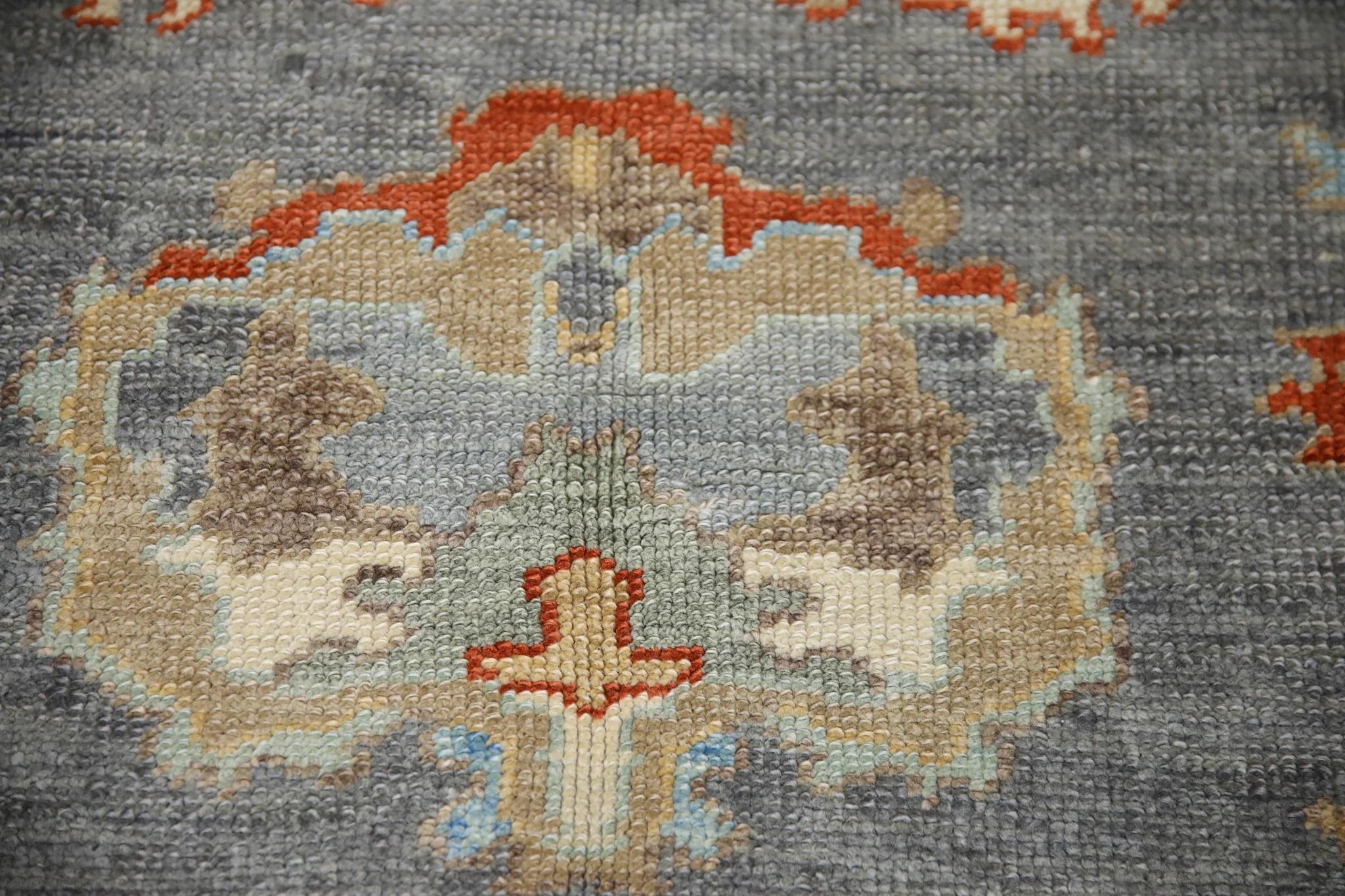 Vegetable Dyed Red and Blue Floral Handwoven Wool Turkish Oushak Rug 4'10