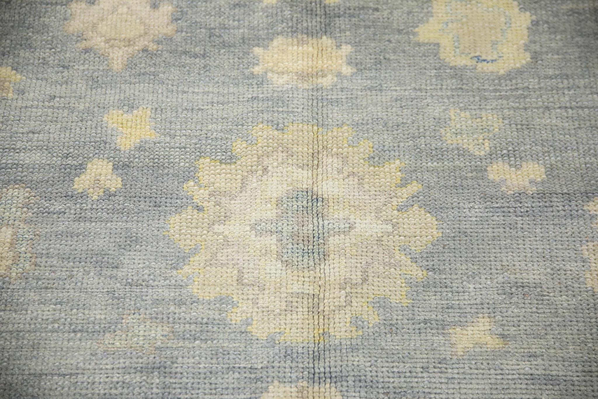 Hand-Woven Gray and Yellow Floral Handwoven Wool Turkish Oushak Rug 5'2