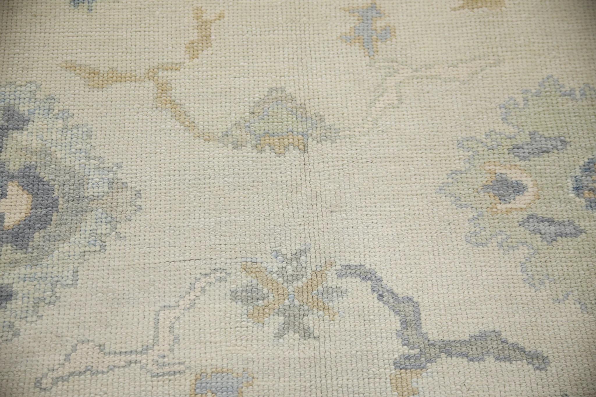 Vegetable Dyed Taupe and Blue Floral Handwoven Wool Turkish Oushak Rug 6' x 8'9