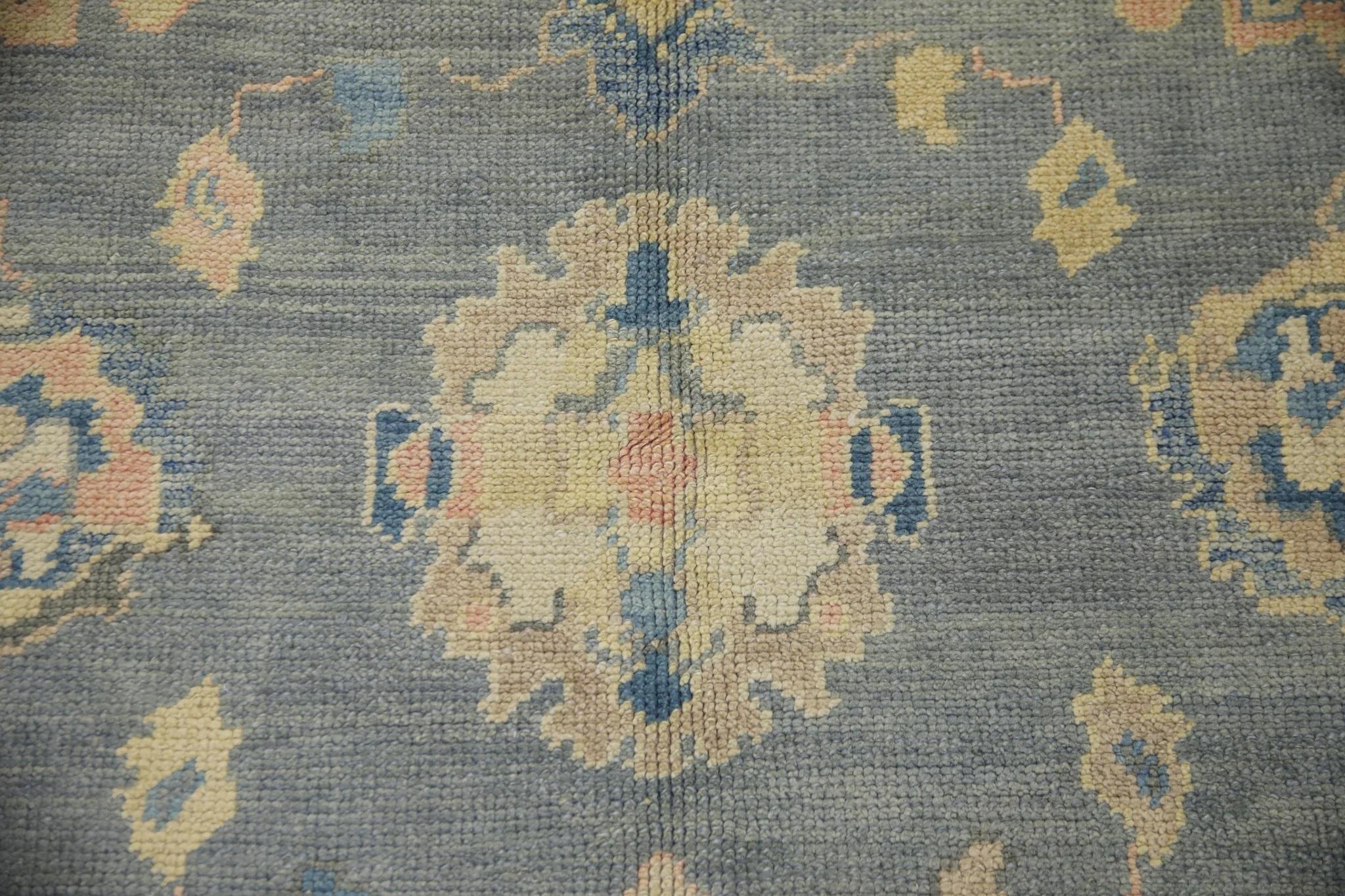Vegetable Dyed Blue and Pink Floral Handwoven Wool Turkish Oushak Rug 6'2