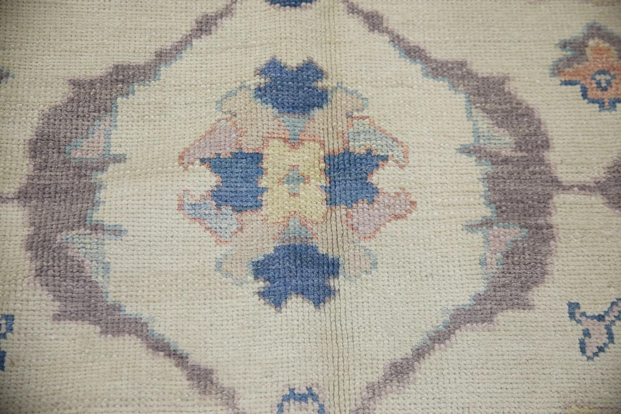 Hand-Woven Mauve and Blue Floral Handwoven Wool Turkish Oushak Rug 6'11