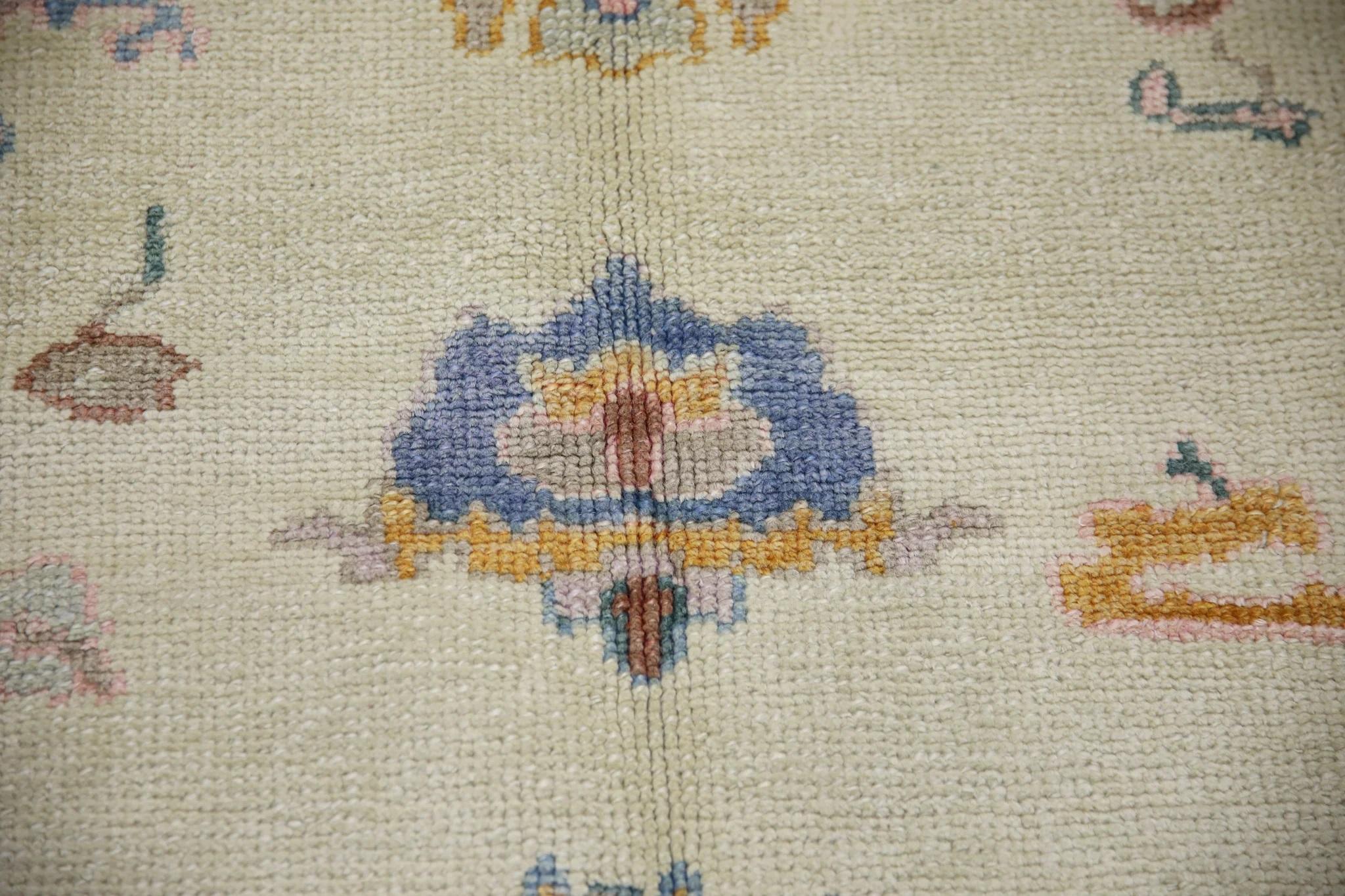 Vegetable Dyed Lilac, Orange, and Blue Floral Handwoven Wool Turkish Oushak Rug 6'2