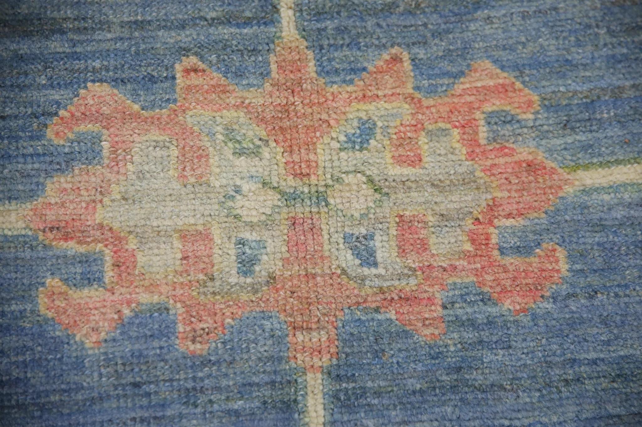Vegetable Dyed Blue Floral Handwoven Wool Turkish Oushak Rug 7' x 8'7