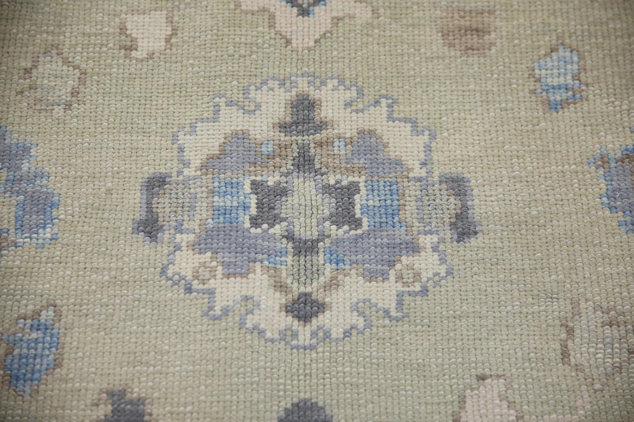 Vegetable Dyed Pale Green Handwoven Wool Turkish Oushak Rug w/ Blue Floral Pattern 6'1