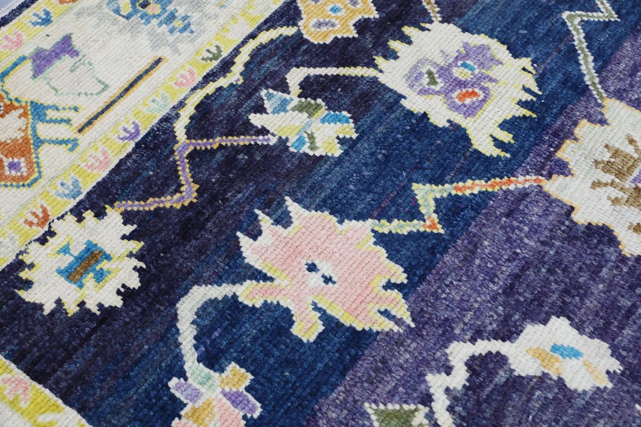 Vegetable Dyed Handwoven Wool Turkish Oushak Rug in Purple & Yellow Floral Pattern 8'3