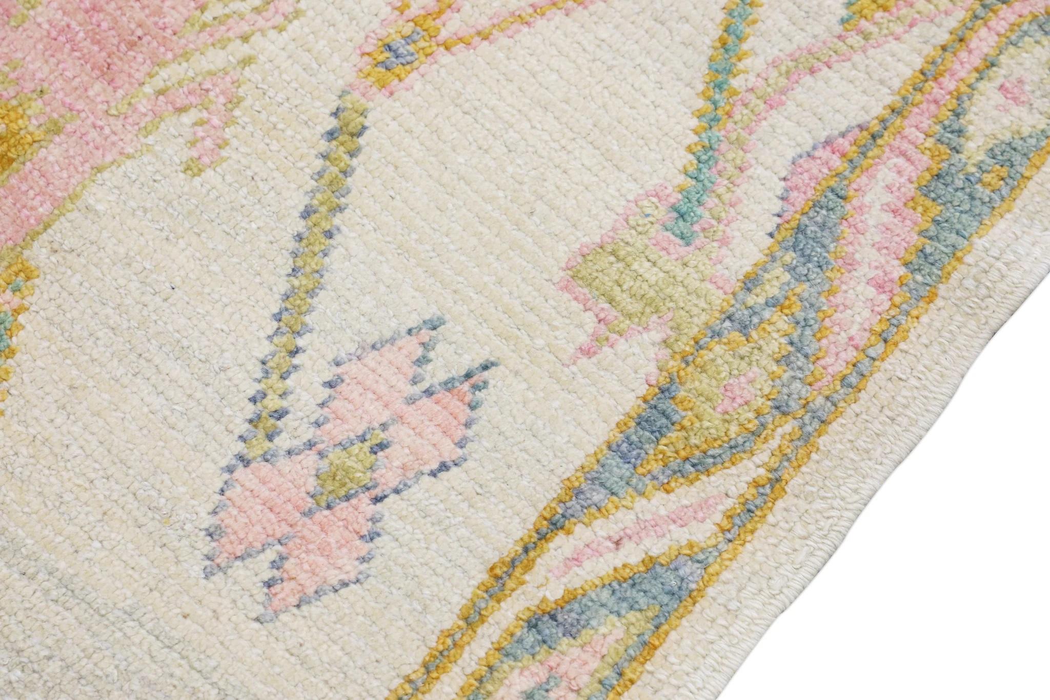 Hand-Woven Handwoven Wool Turkish Oushak Rug in Colorful Geometric Floral Pattern 2'9 x 9'3