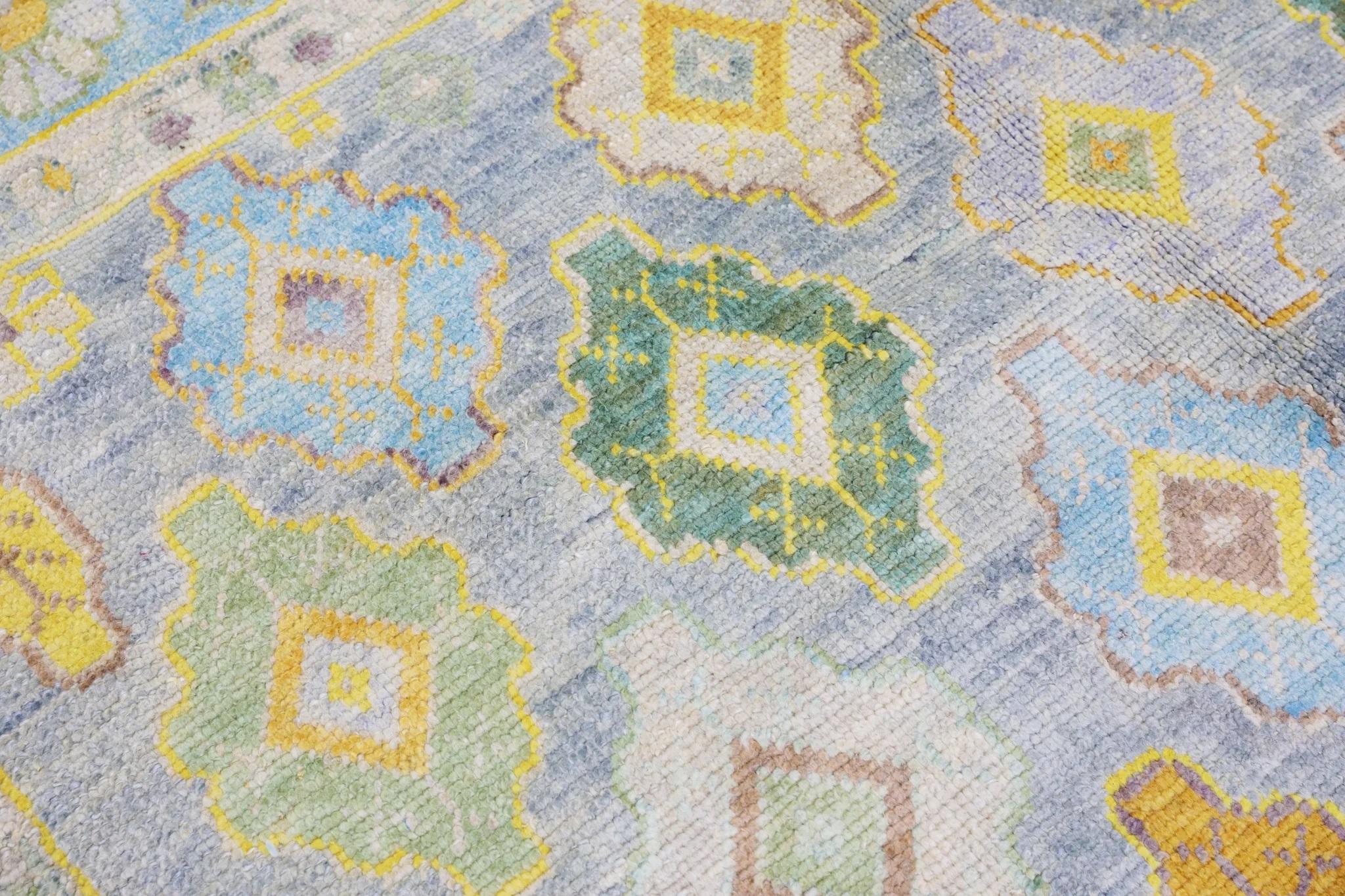 Vegetable Dyed Handwoven Wool Floral Turkish Oushak Rug in Blue, Green, and Yellow 8'1