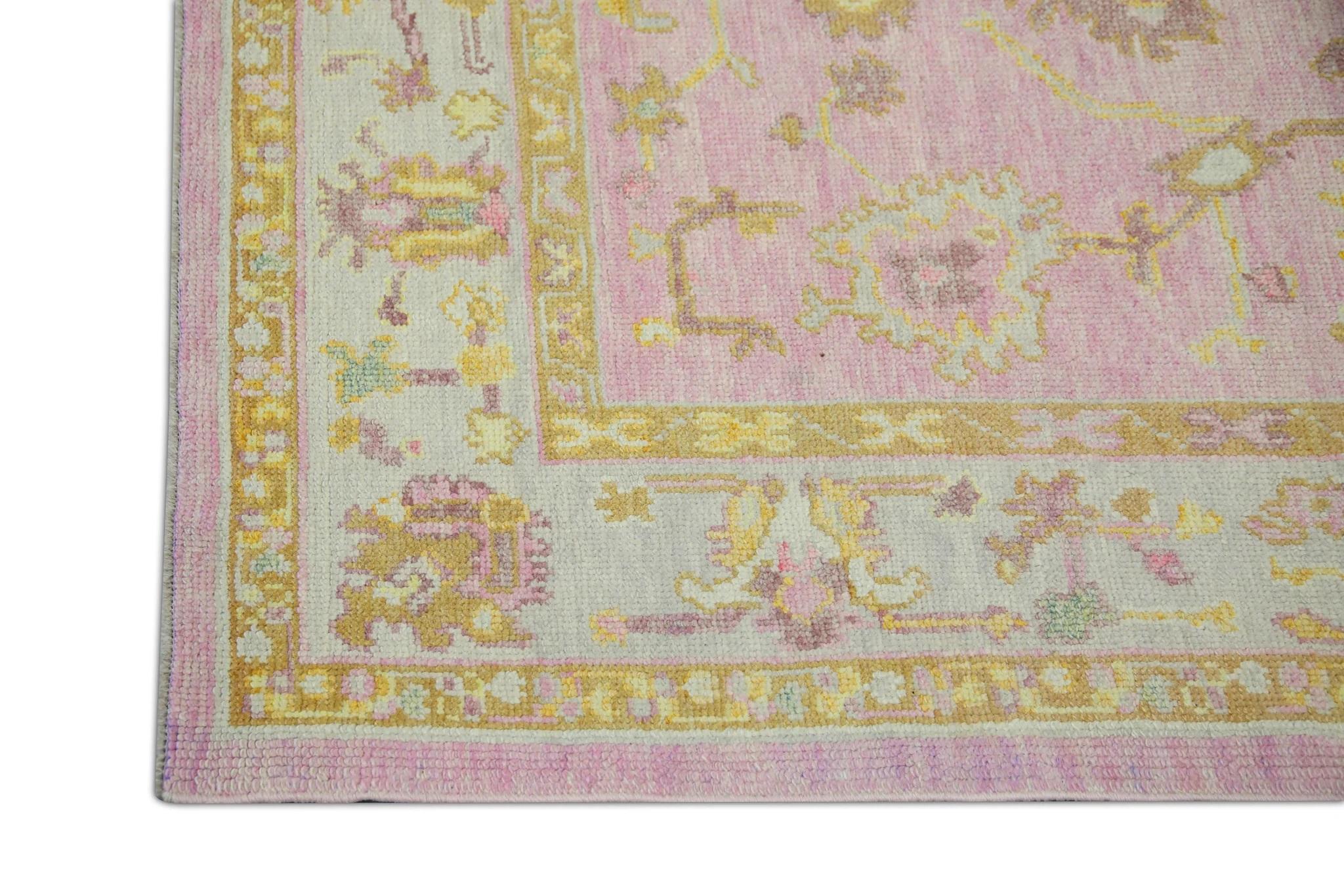 Vegetable Dyed Floral Handwoven Wool Turkish Oushak Rug in Soft Pink and Yellow 5'3