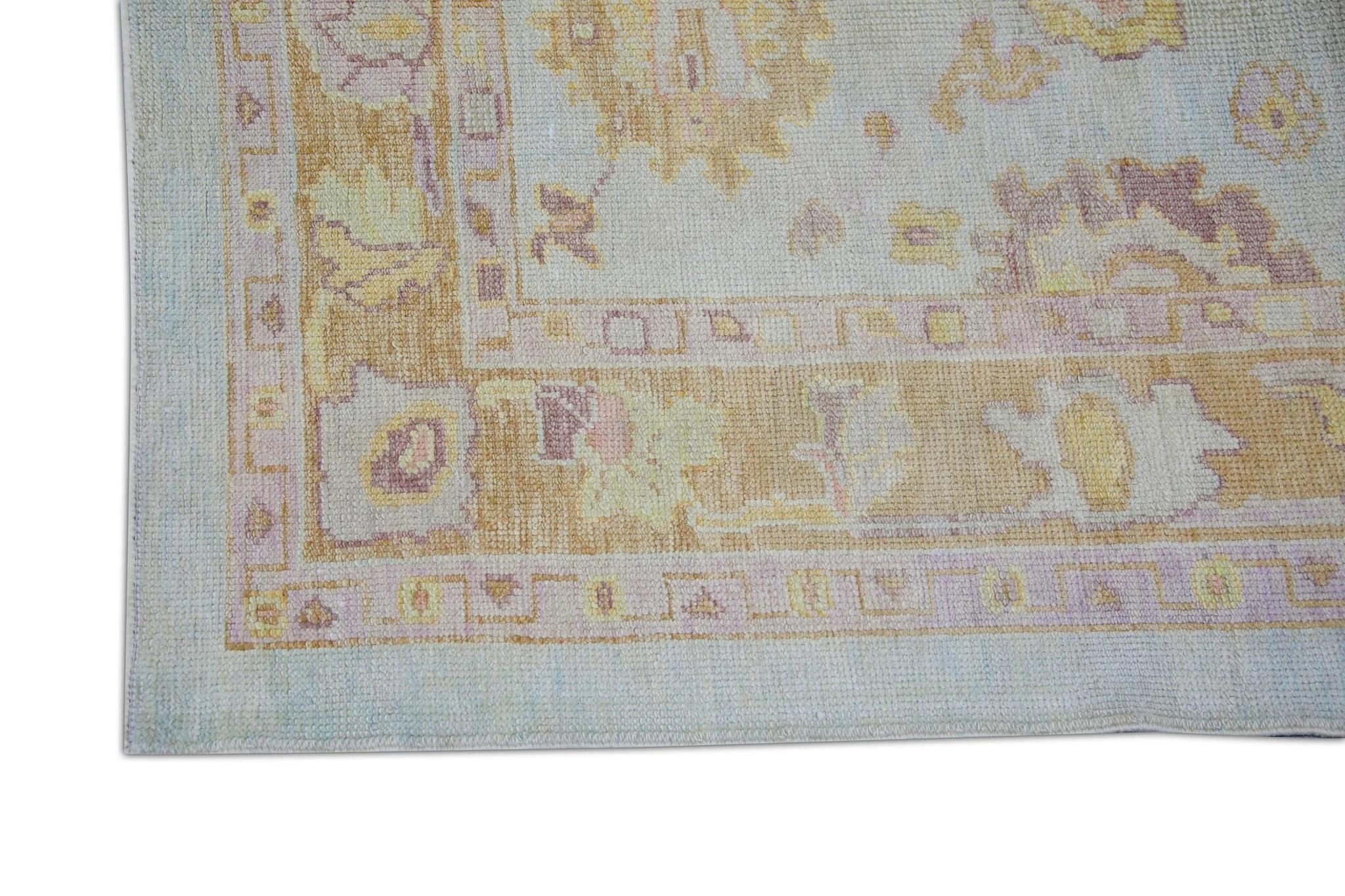 Vegetable Dyed Baby Blue Floral Handwoven Wool Turkish Oushak Rug 4'1