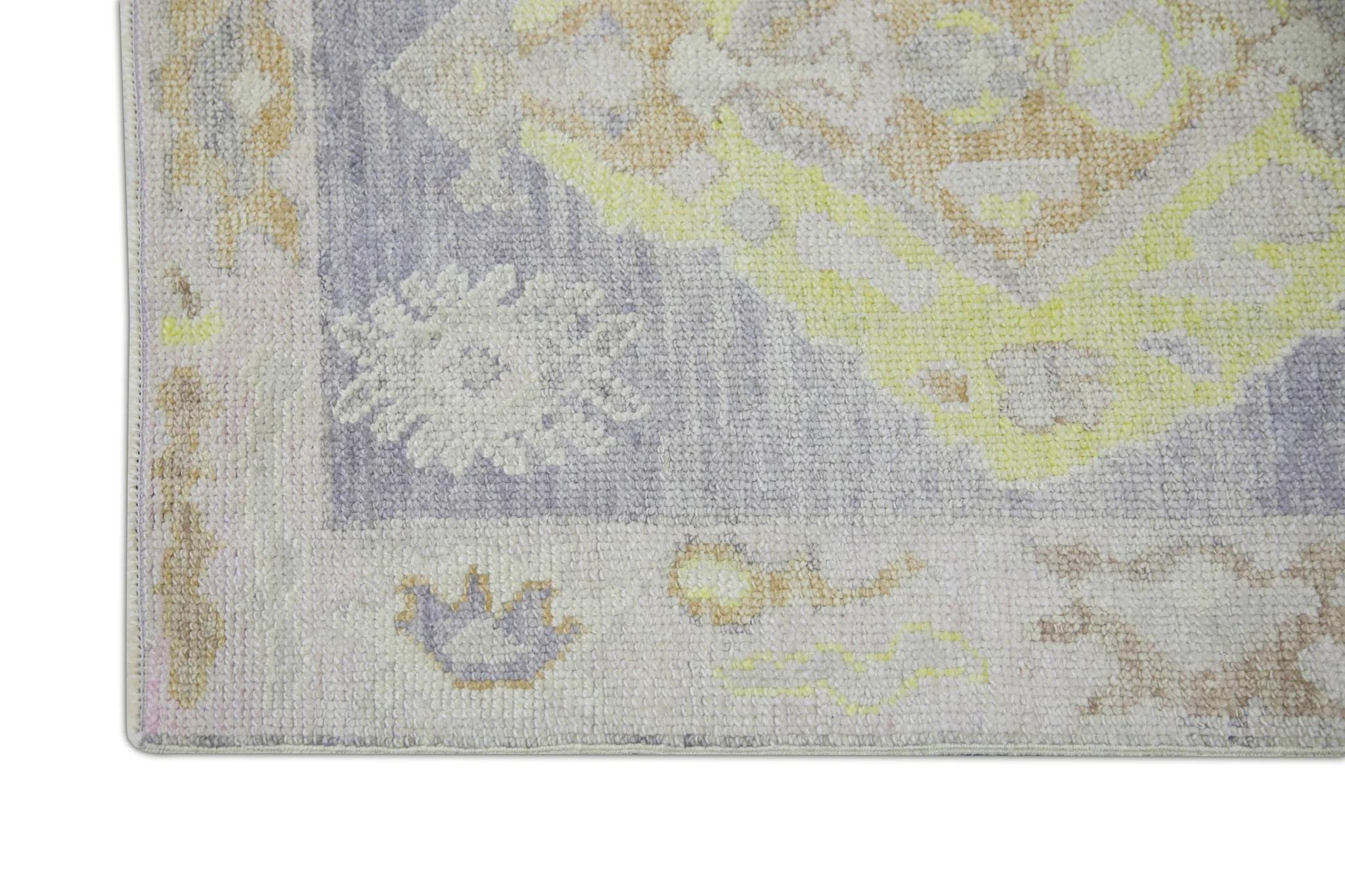 Vegetable Dyed Purple and Yellow Floral Handwoven Wool Turkish Oushak Rug 2'9