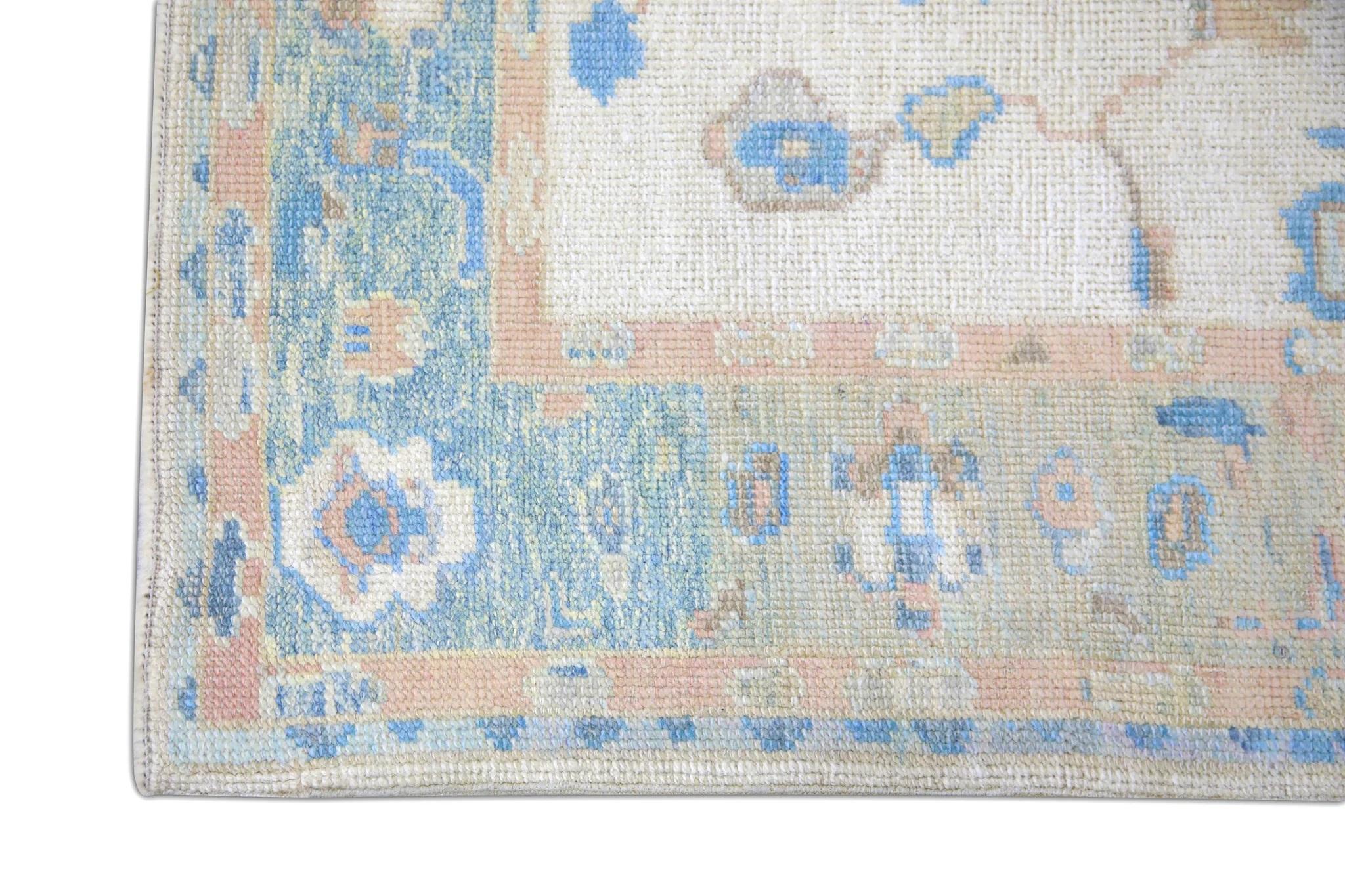 Vegetable Dyed Floral Handwoven Wool Turkish Oushak Rug in Green and Blue 3'9