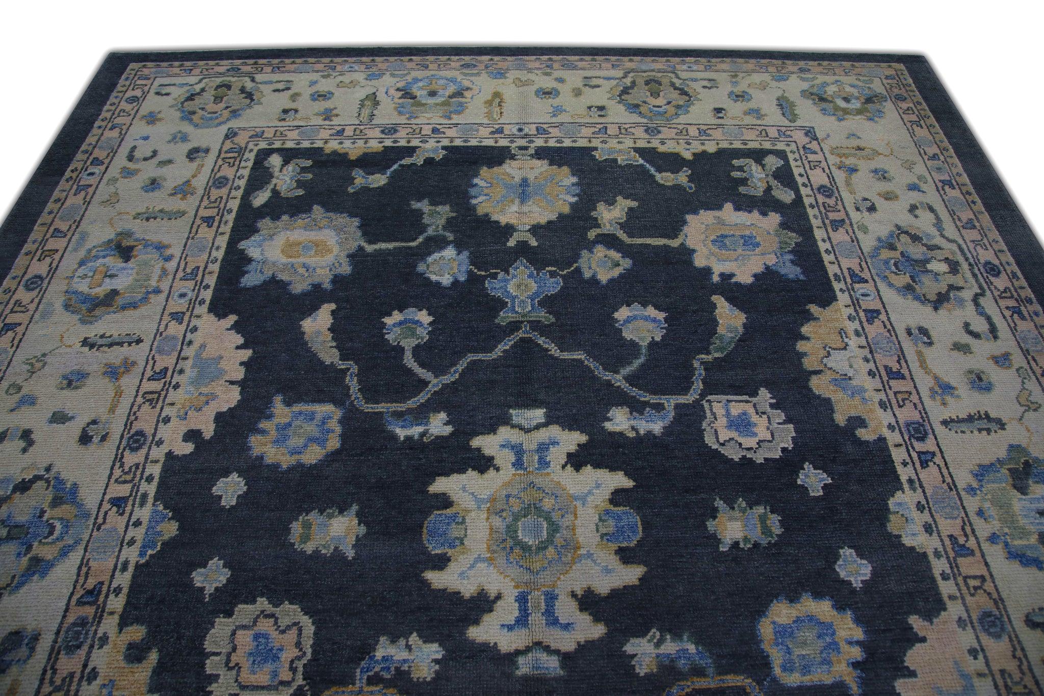Vegetable Dyed Handwoven Wool Floral Turkish Oushak Rug in Dark Blue 8'4