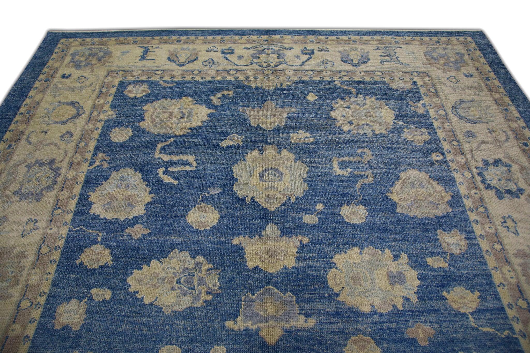 Vegetable Dyed Floral Handwoven Wool Turkish Oushak Rug in Blue and Cream 8'9